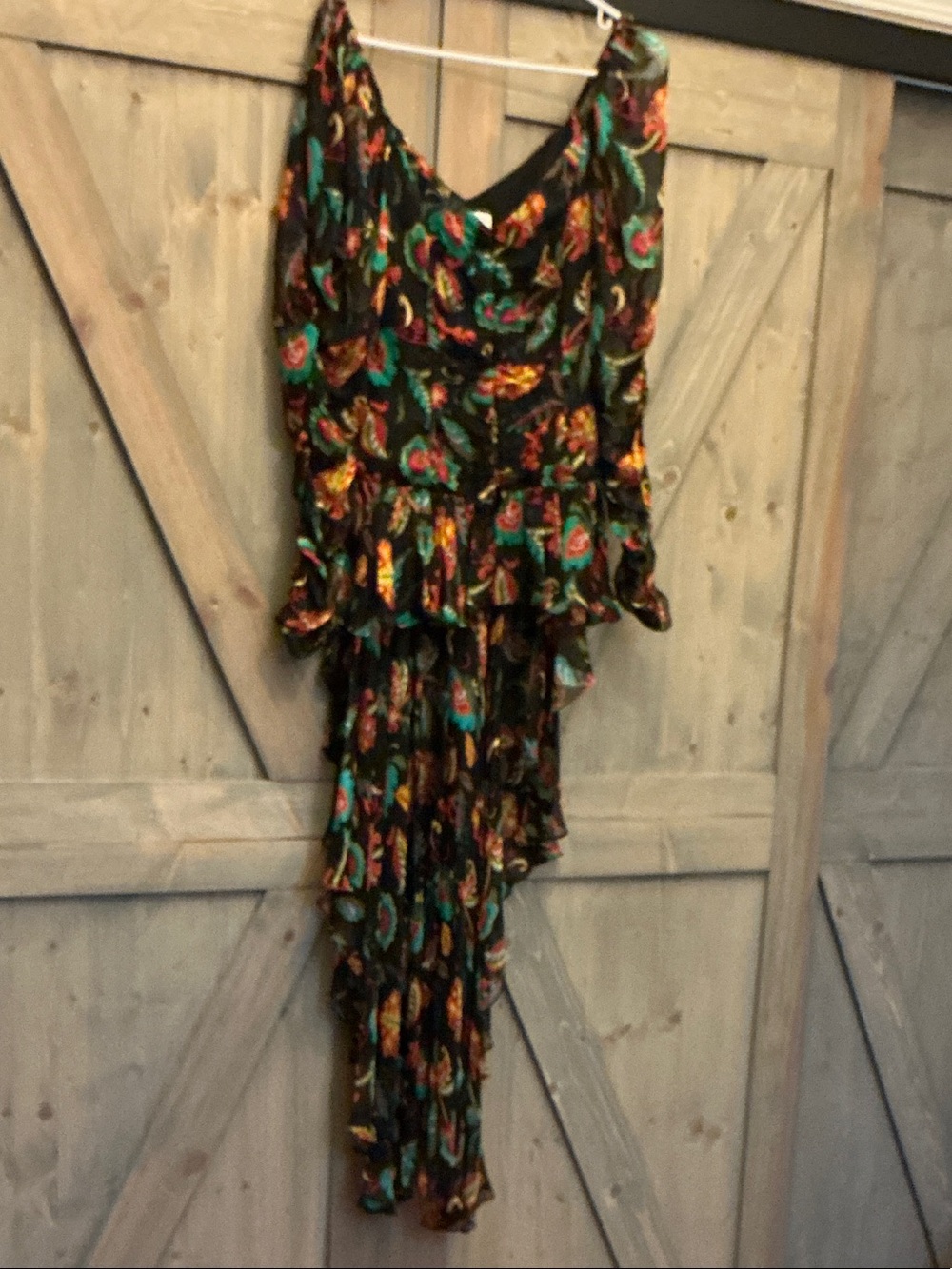 Caroline Constas Black High-Low Floral Ruffled Dress with Teal & Gold